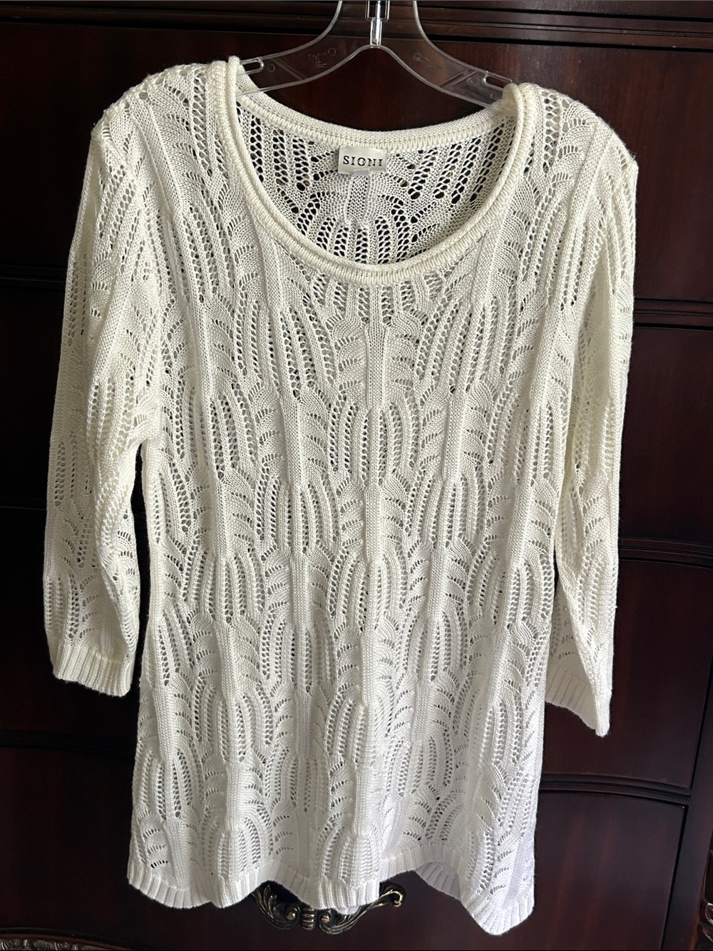 Sioni Cream Open-Knit Scoop Neck 3/4 Sleeve Sweater